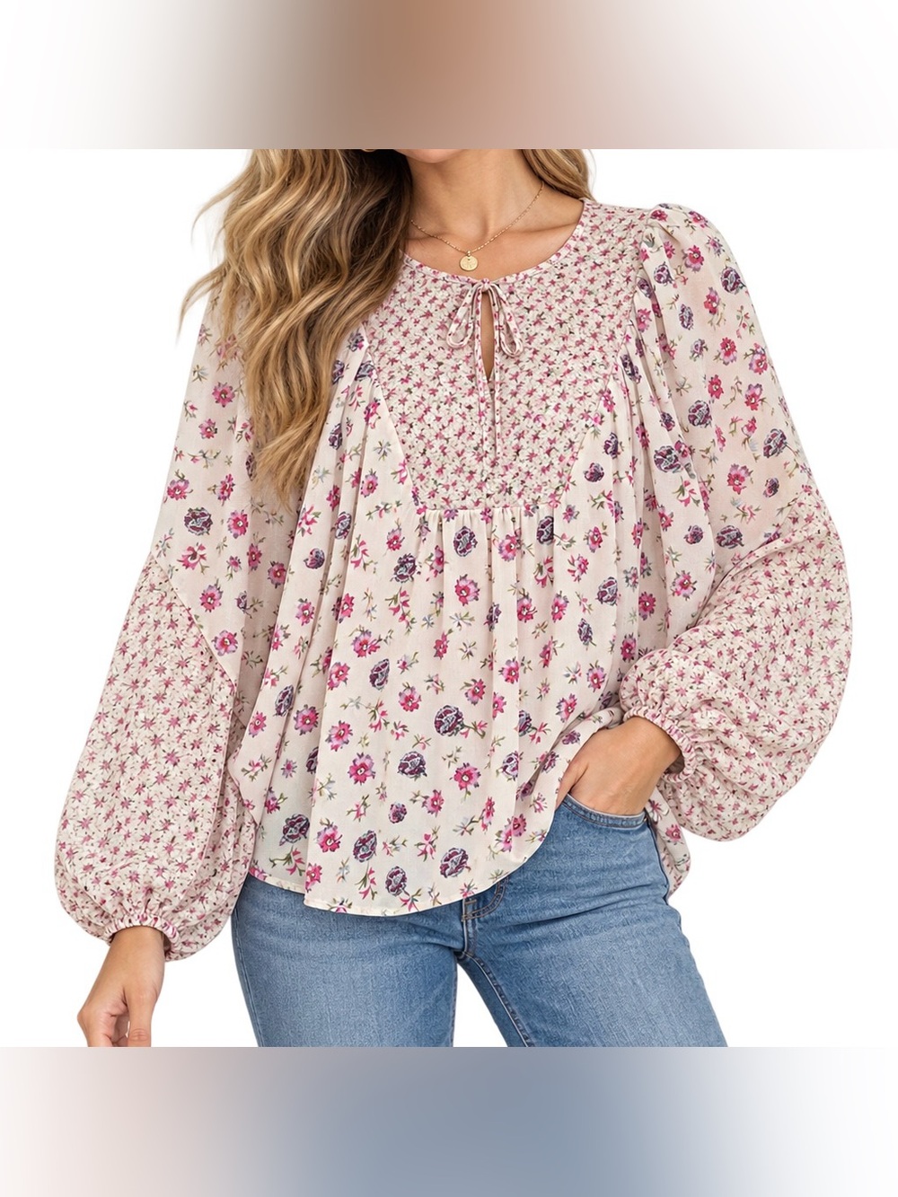 Carolina Belle Montreal Floral Peasant Blouse Balloon Sleeve Top Medium